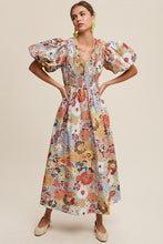 Load image into Gallery viewer, Flower Print Smocked V-neck Puff Sleeve Maxi Dress