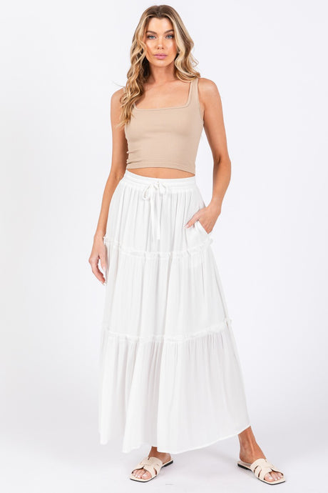 Esme White Tiered Elastic Summer Maxi Skirt