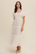 Load image into Gallery viewer, Floral Print and Mesh Puff Sleeve Maxi Dress