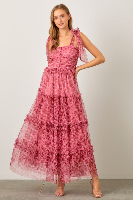 Monique Pink Tulle Floral Tiered Maxi Dress