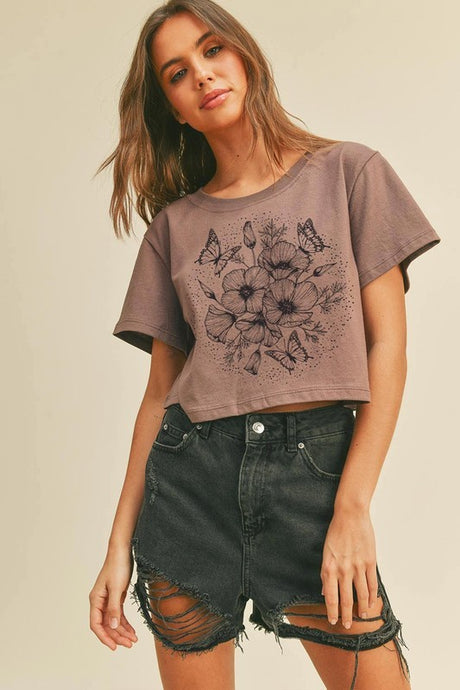 Flowers and Butterflies Cropped Graphic Tee