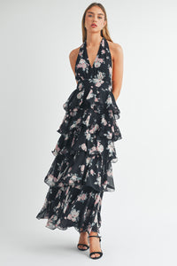 Miranda Halter Ruffle Tier Maxi Dress - Black