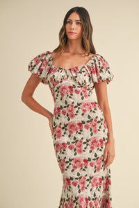 Brielle Puff Sleeve Floral Mermaid Midi Dress - Rose