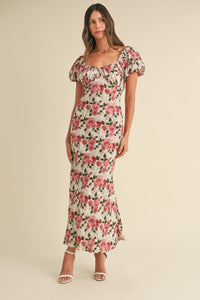 Brielle Puff Sleeve Floral Mermaid Midi Dress - Rose