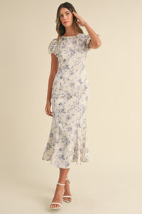 Samira Puff Sleeve Floral Mermaid Midi Dress - Blue