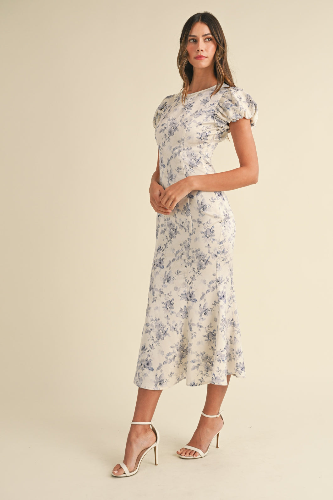 Samira Puff Sleeve Floral Mermaid Midi Dress - Blue