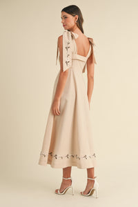 Rowan Embroidered Ribbon Tie Maxi Dress - Taupe