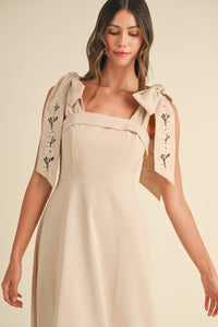 Rowan Embroidered Ribbon Tie Maxi Dress - Taupe