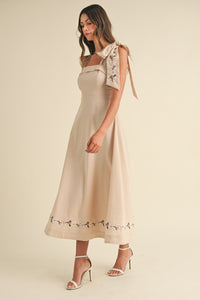 Rowan Embroidered Ribbon Tie Maxi Dress - Taupe