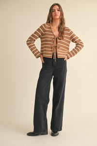 Mari Open Tie Front Stripe Cardigan Sweater, Preorder