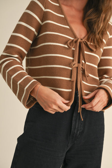 Mari Open Tie Front Stripe Cardigan Sweater, Preorder