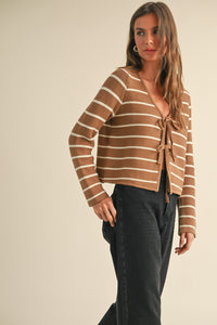 Mari Open Tie Front Stripe Cardigan Sweater, Preorder