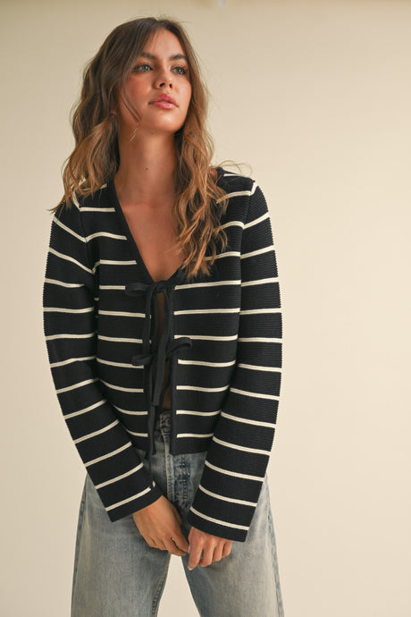 Mari Open Tie Front Stripe Cardigan Sweater