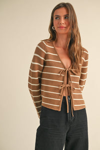 Mari Open Tie Front Stripe Cardigan Sweater, Preorder