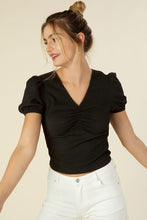 Load image into Gallery viewer, Shirred V neck top with puff sleeves