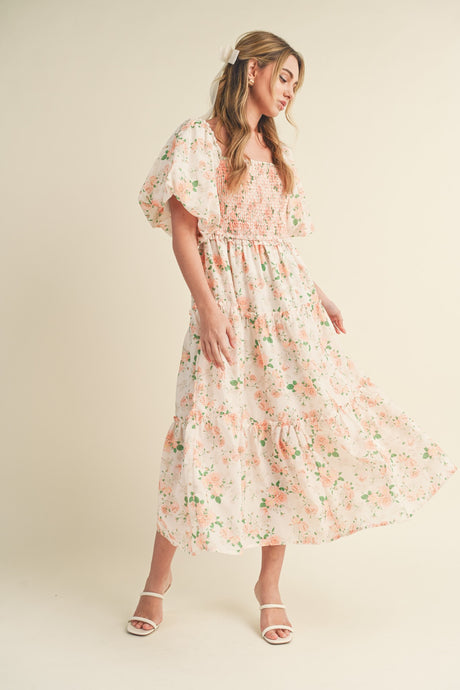 Mia Smocked Floral Puff Sleeve Maxi Dress - Peach
