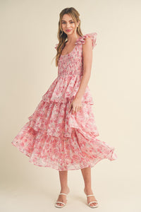 Ariana Ruffle Sleeve Tiered Floral Midi Dress - Pink