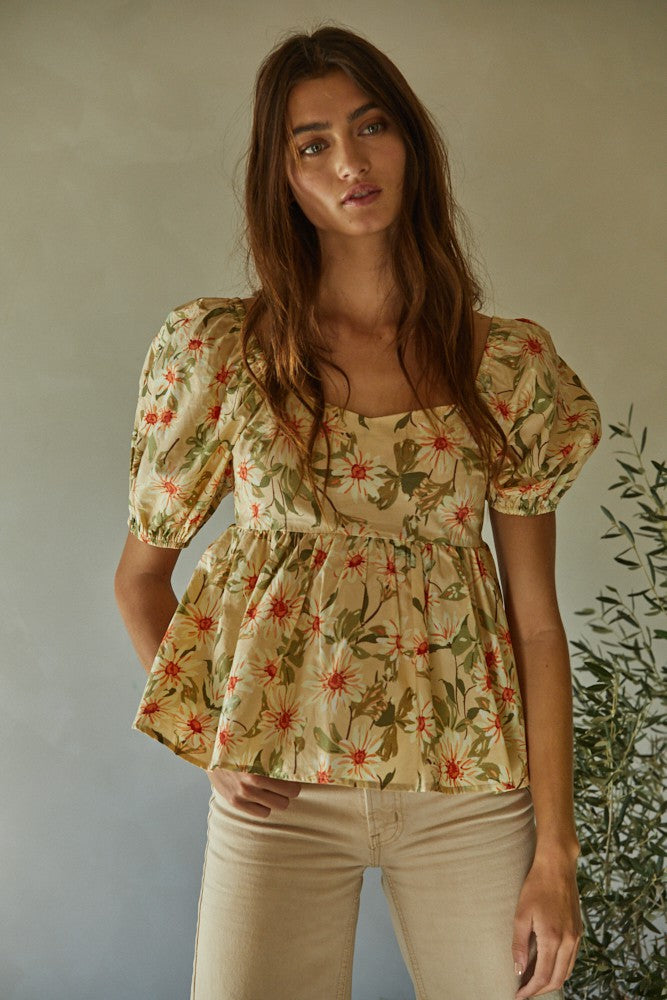 Wild Sunflower Babydoll Open Tie Back Blouse