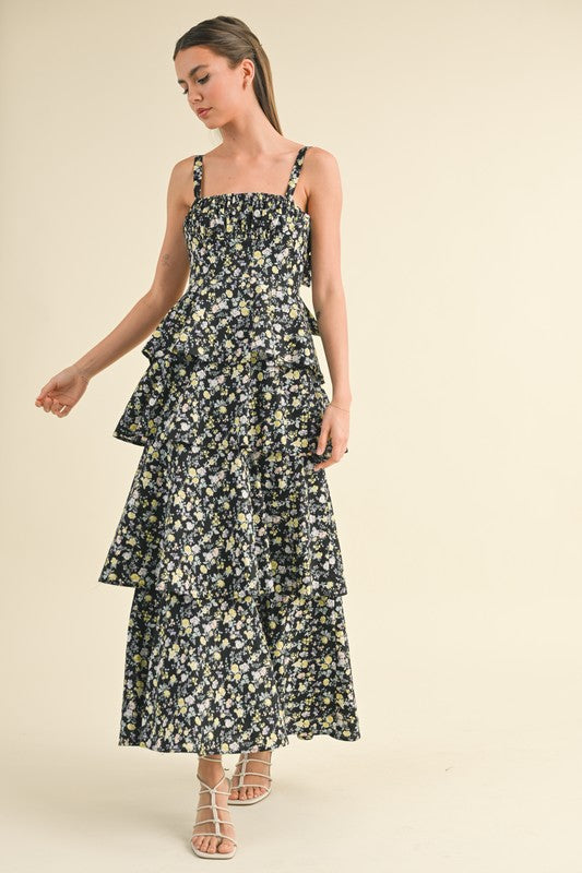 Fiona Tiered Floral Open Back Maxi Dress - Black