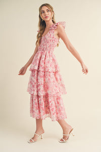 Ariana Ruffle Sleeve Tiered Floral Midi Dress - Pink