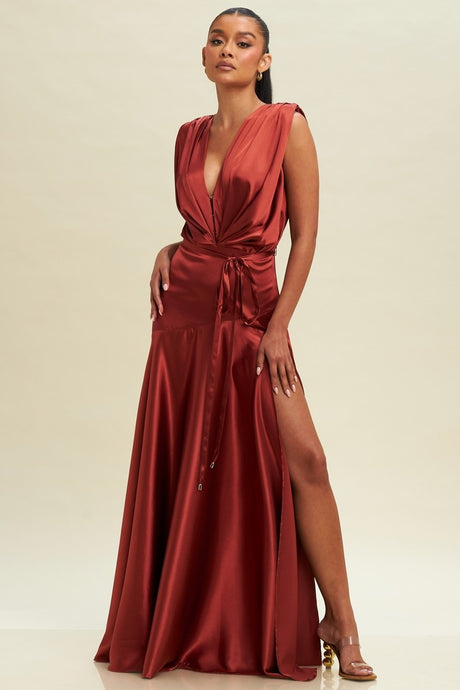 Tilaya Asymmetrical Satin Gown - Rust