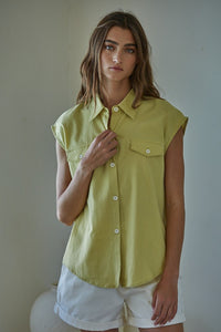 Nicole Sleeveless Tencel Button Down Shirt - Lime