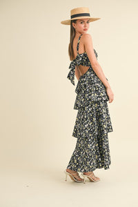 Fiona Tiered Floral Open Back Maxi Dress - Black