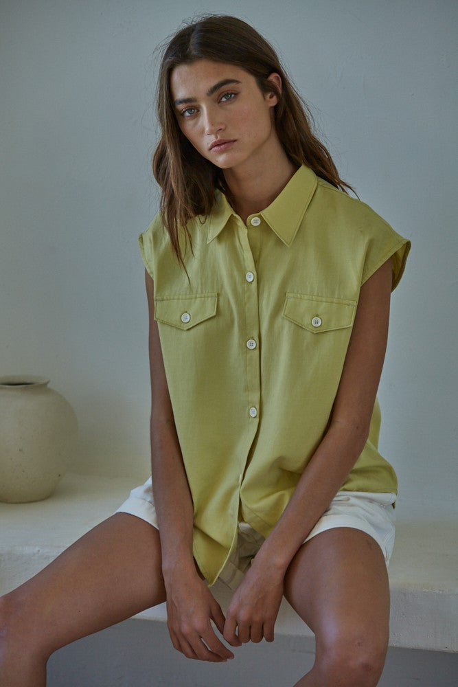 Nicole Sleeveless Tencel Button Down Shirt - Lime