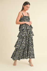 Fiona Tiered Floral Open Back Maxi Dress - Black