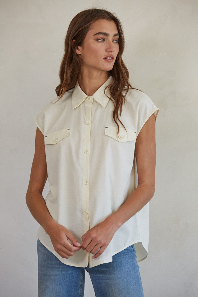 Nicole Sleeveless Tencel Button Down Shirt - Cream