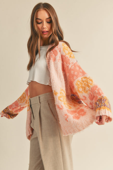 Laney Fuzzy Multi Color Floral Cardigan - Peach