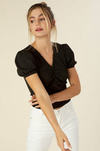 Load image into Gallery viewer, Shirred V neck top with puff sleeves