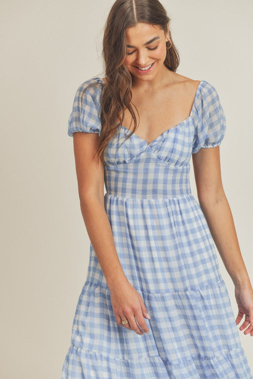 Gingham Plaid Open Tie Back Midi Dress Thread Vine Boutique